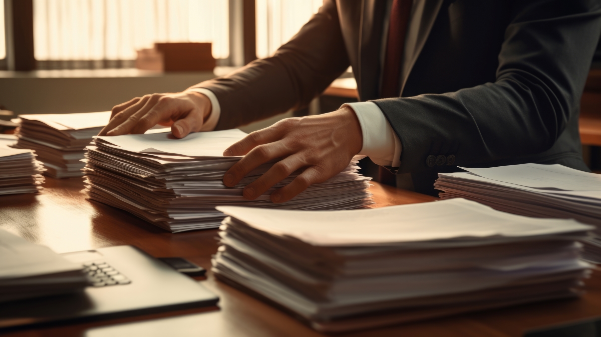 Businessman at a desk, holding onto documents
