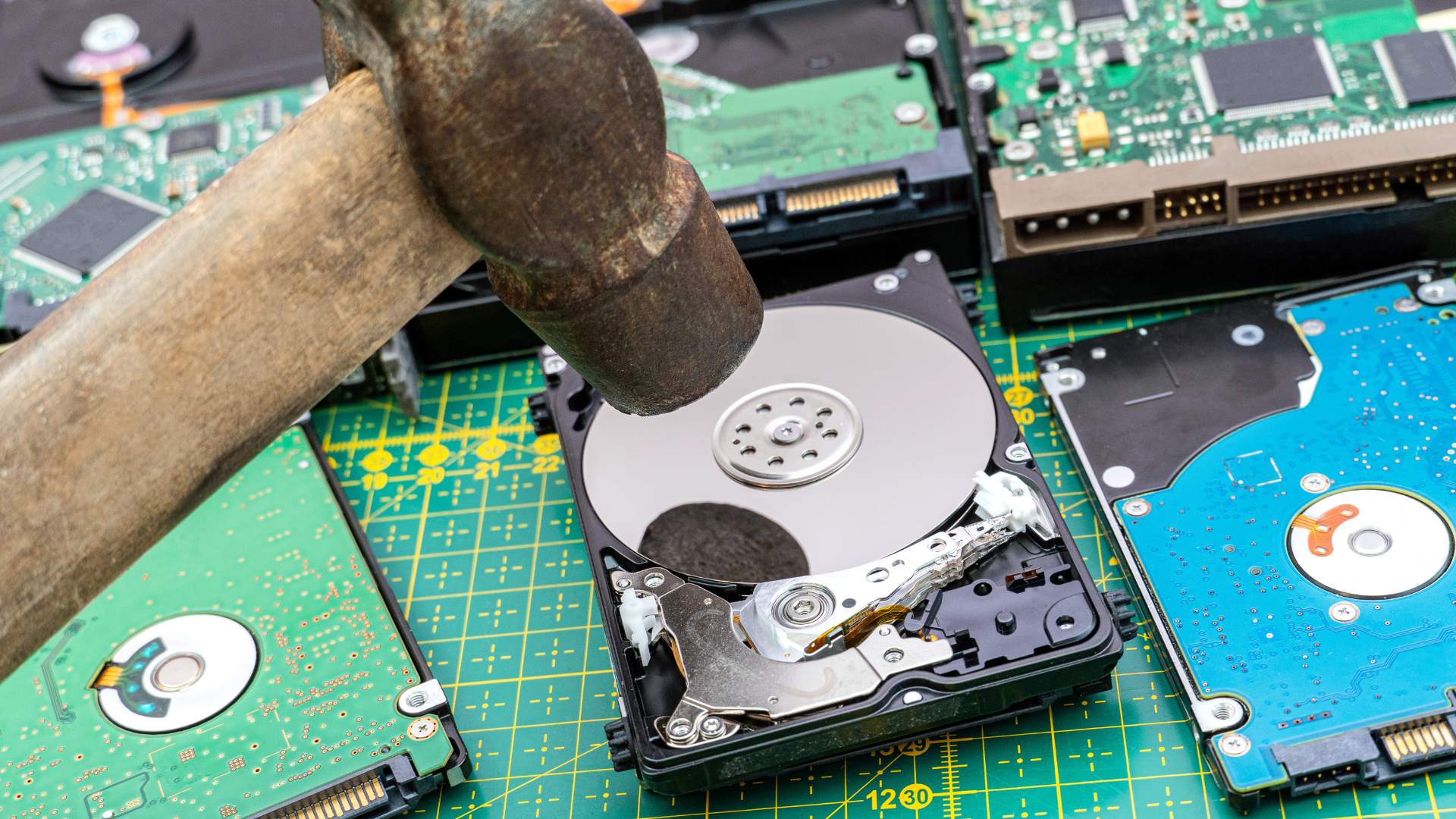 A hammer poised above an open hard drive on a green cutting mat, surrounded by other disassembled drives, suggesting destruction and data security.