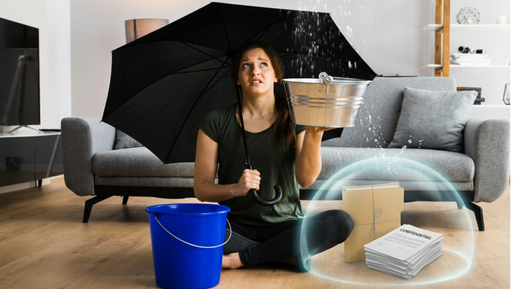 Woman using an umbrella and buckets to manage a ceiling leak while confidential documents are shown protected from water damage.